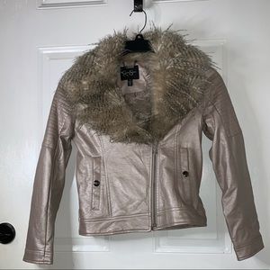 Jessica Simpson Jacket Outerwear Faux Fur/Leather Girls Sz 14 Metallic Champagne